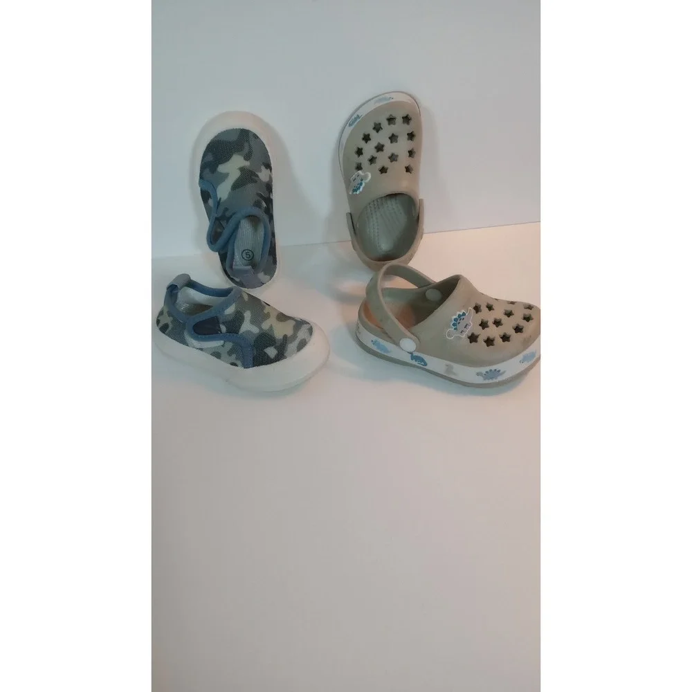 Toddler Boys Size 5 Shoes Bundle Dinosaur Clogs Blue Camo Slip On Sneakers 2pr